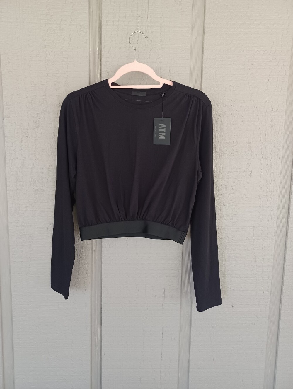 ATM Gathered Hem Crop Top Size XS Women Minimalist Cotton Long Sleeve In Black